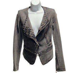 TOV HOLY G Denim Jacket Gray Cotton Embellished Moto Jean Jacket Women's Size 38